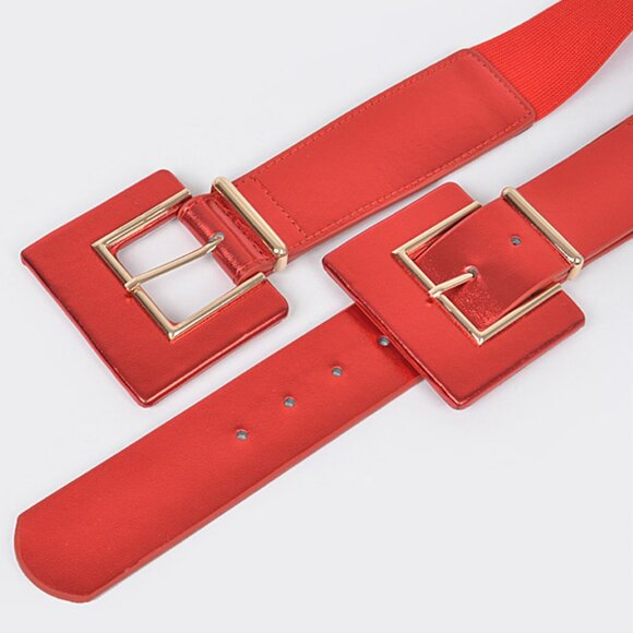 BNWT Metallic Double Buckle Elastic Fashion Belt Square Buckle Stretch Belt - Picture 4 of 6